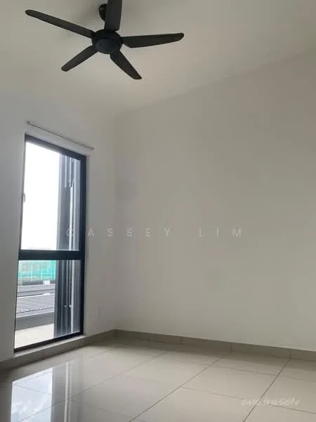 Room features: white painted walls, glossy tile flooring, 5-blade ceiling fan, floor-to-ceiling window, sliding glass door.