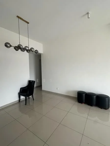 Room features: white painted walls, glossy ceramic tile flooring, recessed ceiling lights, hanging pendant light with multiple bulbs, black chair, three black ottomans; style: modern.