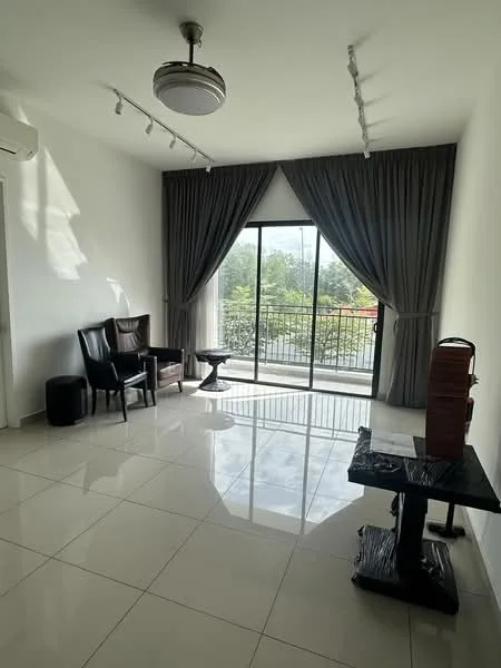 Living features: white painted walls, glossy ceramic tile flooring, recessed downlights, curtains in grey, floor-to-ceiling sliding glass door, balcony access, 2 brown leather chairs, black side table, black console table, 1 wall-mounted split AC; style: modern; view: garden.