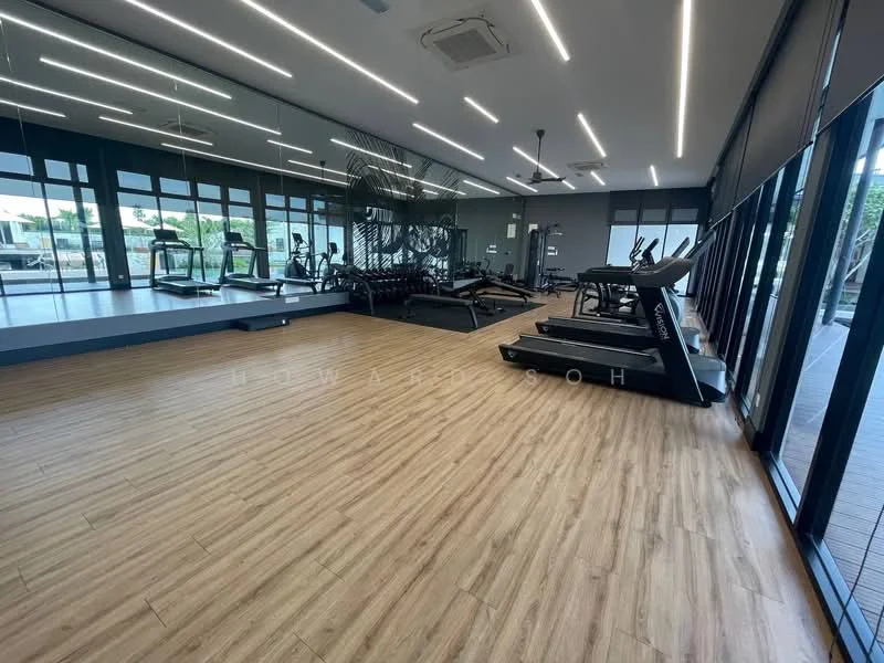 Room features: wooden laminate flooring, large floor-to-ceiling windows, mirrored wall, treadmills, exercise bikes, elliptical machine, ceiling-mounted air conditioning unit, LED strip lighting, recessed downlights, open layout, view of outdoor area; style: modern; view: garden.