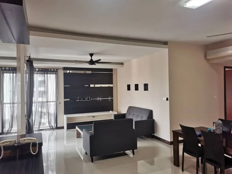 Living features: 3-seater fabric sofa in grey, coffee table, TV console, wall-mounted TV, ceiling fan, floor-to-ceiling windows with sheer curtains, white painted walls, glossy tile flooring, decorative wall with horizontal panels, dining table with chairs; style: modern.