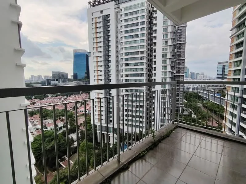 Room features: balcony with metal railing, grey tiled flooring, city skyline view, surrounding greenery, high-rise buildings in proximity, partially cloudy sky; style: modern; view: city.