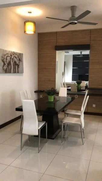 Dining features: 6-seater dining table with black glass top, white upholstered dining chairs, ceiling fan with integrated light, wooden feature wall, framed artwork on wall, mirror reflecting room, polished ceramic tile flooring, decorative plant on table; style: modern.