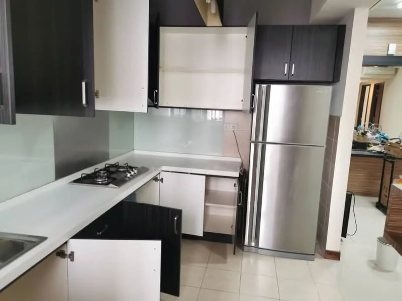 Kitchen features: stainless-steel fridge, 4-burner gas hob, single-bowl stainless-steel sink, white laminate countertop, black cabinetry with flat-panel doors, open shelving, ceramic tile flooring, glass backsplash, wall-mounted cabinets, under-cabinet lighting; style: modern.