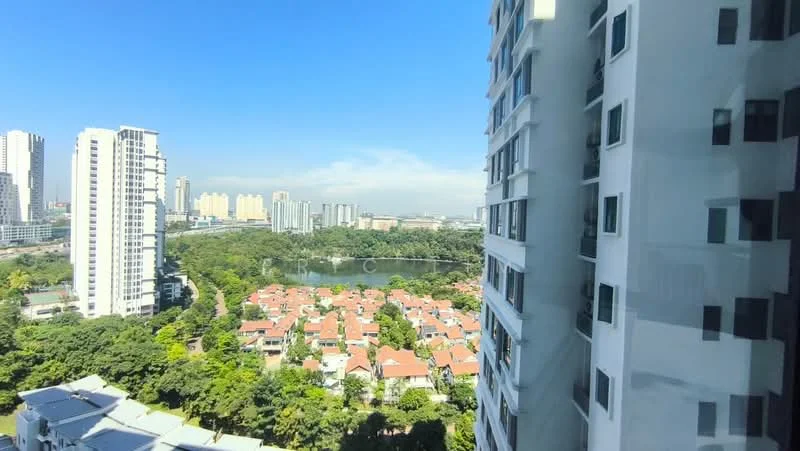 Exterior type: high-rise condominium; features: city skyline view, surrounded by greenery, lake view, residential area with houses, modern architectural design, multiple high-rise buildings in the background; style: modern.