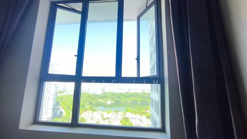 Room features: floor-to-ceiling windows, openable window, curtains, view of greenery, view of water body, city skyline in background; view: garden.