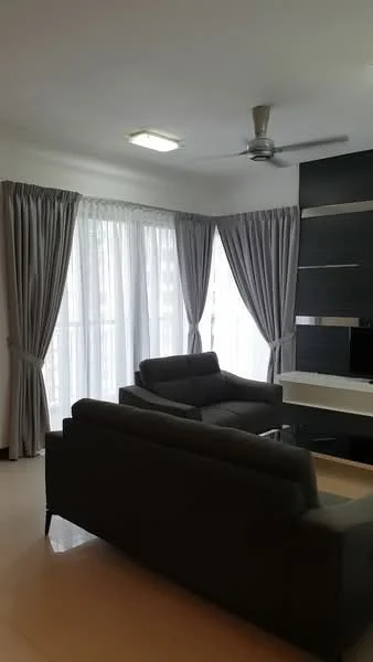 Living features: 2-seater fabric sofa in grey, 5-blade ceiling fan with light, floor-to-ceiling windows, sheer curtains, blackout curtains, wall-mounted TV, TV console, light-coloured walls, glossy tile flooring, decorative wall paneling; style: modern.