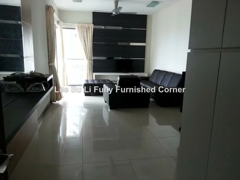 Living features: 3-seater black leather sofa, 2-seater black leather sofa, coffee table, TV console, wall-mounted TV, white painted walls, glossy tile flooring, ceiling fan, curtains, large sliding glass door, natural light from window, decorative wall paneling; style: modern.