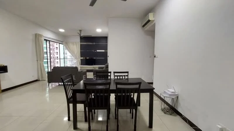 Dining features: 6-seater dining table, black dining chairs, white walls, polished tile flooring, ceiling fan, wall-mounted air conditioning unit, large sliding glass door, curtains, decorative wall unit, living area visible in background; style: modern; view: city.