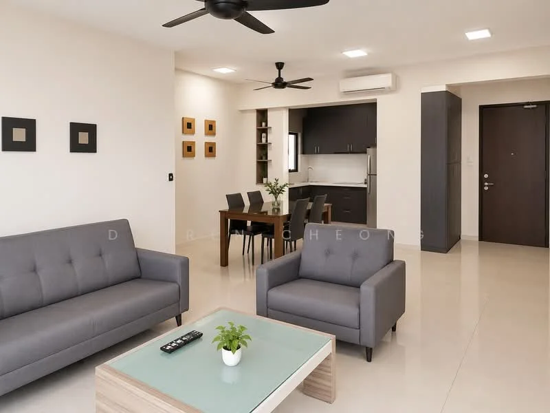Living features: 2-seater fabric sofa in grey, 3-seater fabric sofa in grey, coffee table with glass top, ceiling fan with 3 blades, wall-mounted TV, decorative wall art, tile flooring, neutral painted walls, recessed ceiling lights, open layout to dining area, window with natural light; style: modern. Dining features: 4-seater dining table, upholstered dining chairs, neutral painted walls, tile flooring, open layout to living area, decorative wall art; style: modern.