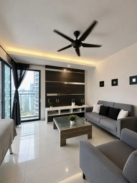 Living features: 3-seater fabric sofa in grey, 2-seater fabric sofa in grey, glass coffee table, white wall with black accent panel, floor-to-ceiling windows, sliding glass door, curtains, recessed LED downlights, 5-blade ceiling fan with light, tile flooring, decorative plant on coffee table; style: modern; view: city.