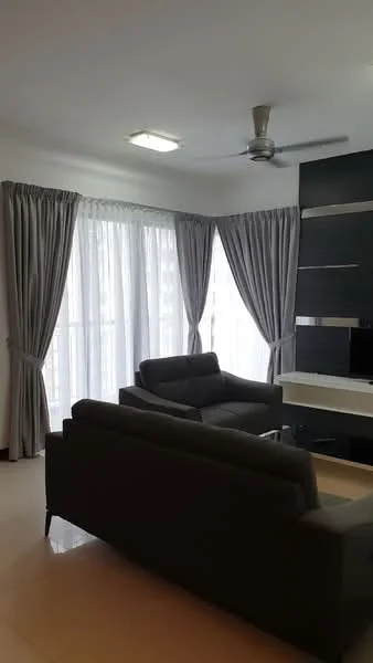 Living features: 2-seater fabric sofa in grey, floor-to-ceiling windows, sheer curtains, dark feature wall, TV console, wall-mounted TV, recessed downlights, ceiling fan; style: modern.