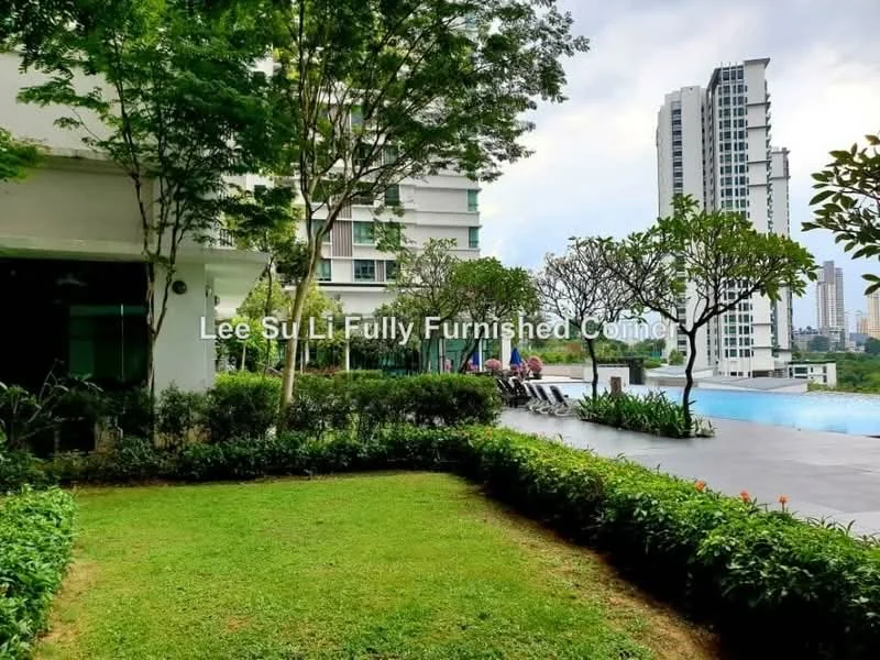 Exterior type: high-rise condominium; features: manicured lawn, landscaped garden with shrubs, swimming pool visible in background, modern high-rise buildings in background, paved walkway, outdoor seating area; style: modern.
