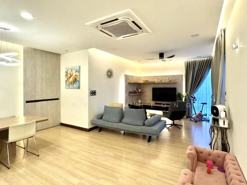 Living features: light wood flooring, white painted walls, recessed downlights, 5-blade ceiling fan, sofa in light blue fabric, coffee table, wall-mounted TV, entertainment unit, decorative wall shelf, curtains, artwork on wall, air conditioning unit; style: modern; view: city. Dining features: dining table for 4, light wood finish, chairs with upholstered seats; style: modern.