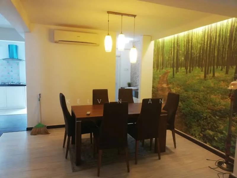 Dining features: 6-seater dining table, upholstered dining chairs, pendant lighting, wooden flooring, wall mural with forest theme, air conditioning unit, decorative rug, floor lamp; style: modern. Room features: white painted walls, open layout to kitchen.