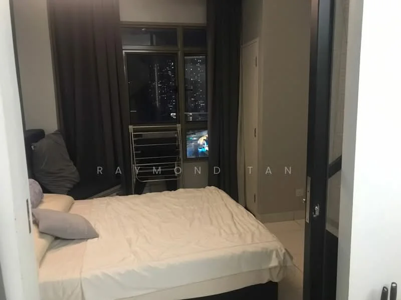 Bedroom features: queen-size bed, dark grey bedding, floor-to-ceiling windows, blackout curtains, light-coloured walls, tile flooring, decorative pillows, nightstand, view of city skyline; style: modern; view: city.