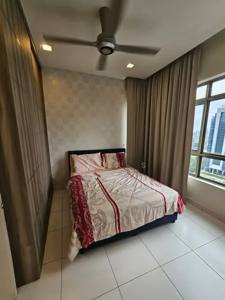Bedroom features: queen-size bed with patterned bedding, wooden wardrobe with sliding doors, white painted walls, light grey accent wall with geometric pattern, floor-to-ceiling windows, sheer curtains, 5-blade ceiling fan with light, white tiled flooring, decorative wall art; style: modern; view: city.
