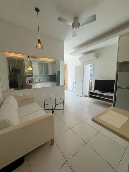 Living features: white walls, ceramic tile flooring, 5-blade ceiling fan with light, sofa in white fabric, round coffee table, wall-mounted TV, TV console in white, refrigerator in stainless steel, kitchenette with white cabinetry, pendant light fixture, floor-to-ceiling windows with sheer curtains, air conditioning unit; style: modern; view: city.