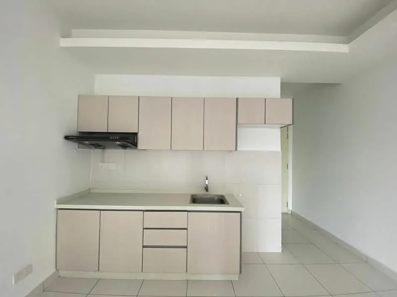 Kitchen features: light wood cabinetry, single-bowl stainless-steel sink, chrome pull-down faucet, white countertop, built-in stove with exhaust hood, ceramic tile flooring, white painted walls, recessed ceiling lights; style: modern.