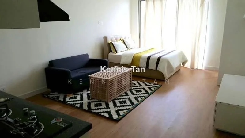 Living features: queen-size bed with patterned bedding, sofa in dark grey fabric, coffee table with woven design, area rug with geometric pattern, laminate flooring, floor-to-ceiling windows with sheer curtains, wall-mounted kitchen counter with stove, white painted walls; style: modern.