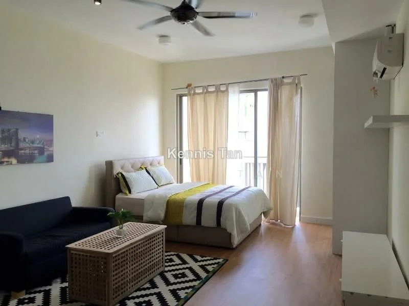 Bedroom features: queen-size bed with upholstered headboard, white bedding with yellow and purple stripes, sofa in dark blue fabric, coffee table with woven design, area rug with geometric pattern, floor-to-ceiling windows with sheer curtains, wooden flooring, 5-blade ceiling fan, wall-mounted air conditioning unit, shelf unit on wall; style: modern.