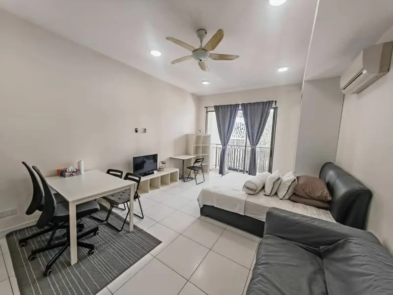 Living features: grey leather sofa, white bedding on bed, black TV console, wall-mounted TV, white dining table, 4 black dining chairs, ceiling fan with light, sliding glass door, curtains, air conditioning unit, tile flooring, light-colored walls, decorative wall shelf; style: modern; view: city.