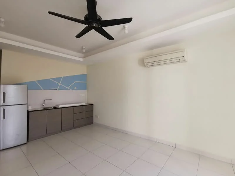 Kitchen features: white painted walls, light blue accent wall, ceramic tile flooring, 5-blade ceiling fan, wall-mounted split AC, stainless-steel fridge, single-bowl stainless-steel sink, chrome pull-down faucet, grey cabinetry with flat-panel design, countertop with backsplash, under-cabinet lighting; style: modern.