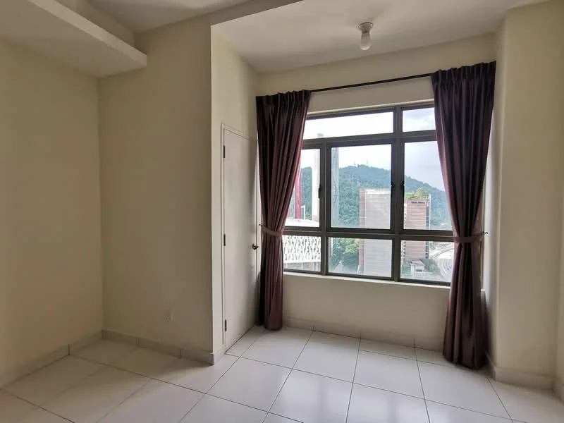 Room features: white painted walls, tile flooring, floor-to-ceiling windows, curtains in dark burgundy, mountain view, light fixture on ceiling; style: modern; view: mountain.
