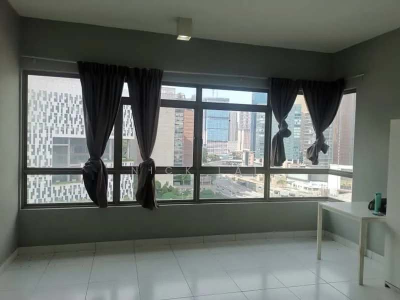 Room features: large floor-to-ceiling windows, grey painted walls, white tiled flooring, curtains in dark grey, minimalist white table, city skyline view; style: modern; view: city.