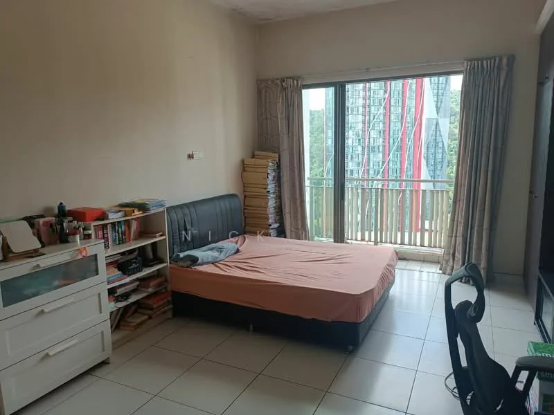 Bedroom features: queen-size bed with beige bedsheet, floor-to-ceiling windows, curtains, white painted walls, tile flooring, built-in wardrobe, study desk, bookshelf with books, balcony access, view of city skyline; view: city.