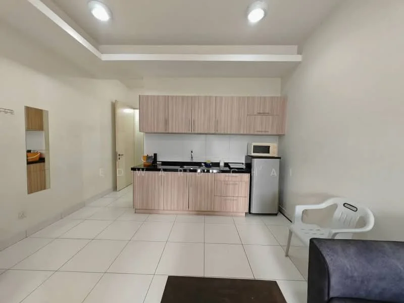 Kitchen features: laminate cabinetry in light wood, black countertop, stainless-steel fridge, built-in microwave, single-bowl stainless-steel sink, chrome pull-down faucet, ceramic tile flooring, recessed downlights, white painted walls, open shelving, kitchen island, stool seating, wall-mounted mirror; style: modern.