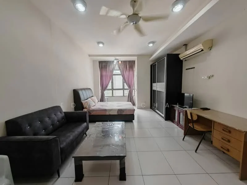 Living features: 3-seater fabric sofa in black, coffee table with glass top, queen-size bed with upholstered headboard, bedside table, desk with chair, wall-mounted TV, 1 wall-mounted split AC, ceiling fan with light, floor-to-ceiling window with sheer curtains, white painted walls, white tiled flooring; style: modern.