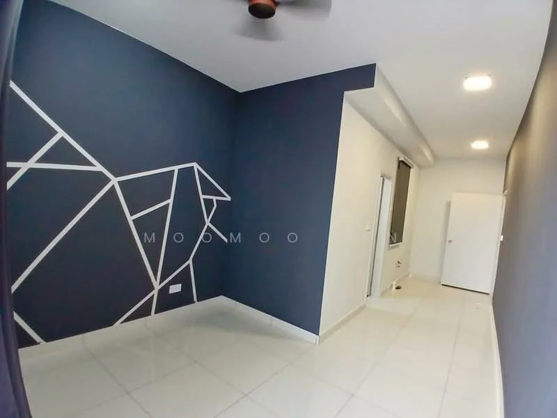 Room features: blue accent wall with geometric pattern, white painted walls, glossy white tile flooring, ceiling fan, recessed ceiling lights, window with blinds, door to another room, open space layout; style: modern.