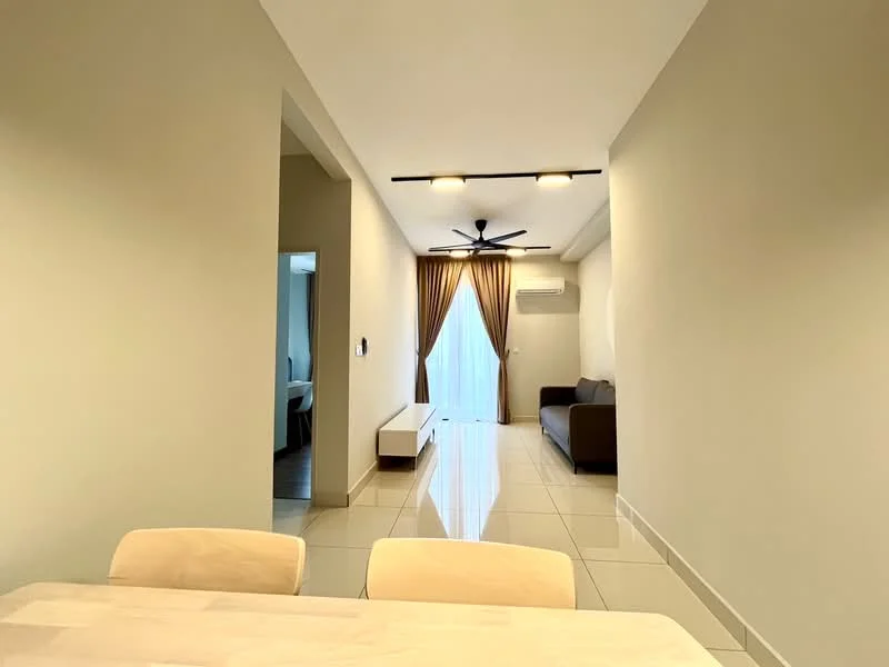 Living features: grey fabric sofa, 5-blade ceiling fan with light, recessed LED downlights, floor-to-ceiling windows, curtains in brown, white walls, glossy tile flooring, air conditioning unit; style: modern. Dining features: light wooden dining table, white dining chairs; style: modern.