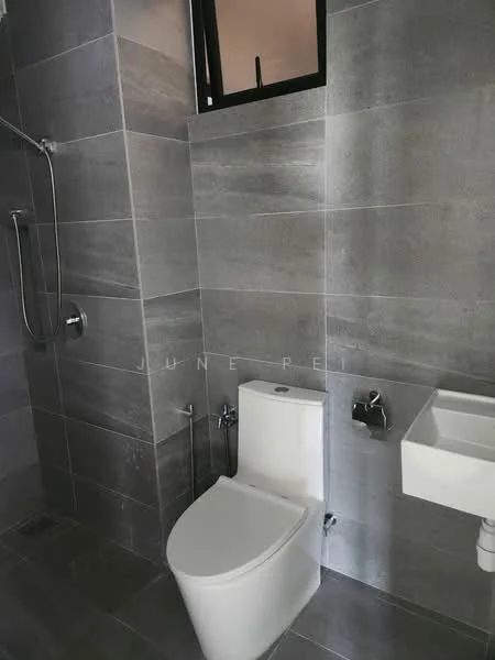 Bathroom features: grey tile flooring, grey tiled walls, walk-in shower with glass enclosure, rain shower head, handheld shower, one-piece toilet, wall-mounted faucet, small wall-mounted sink, window for natural light; style: modern.