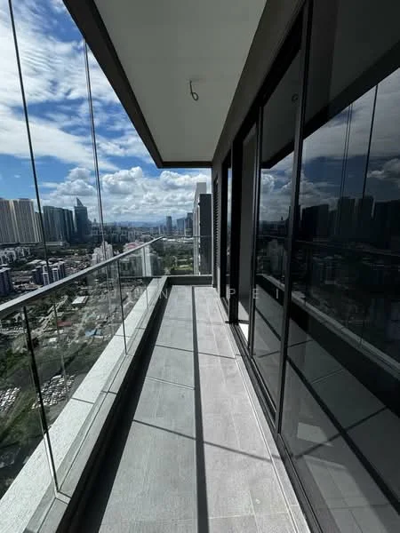 Room features: glass railing, sliding glass doors, grey tiled flooring, city skyline view, overhead lighting, open balcony space; style: modern; view: city.