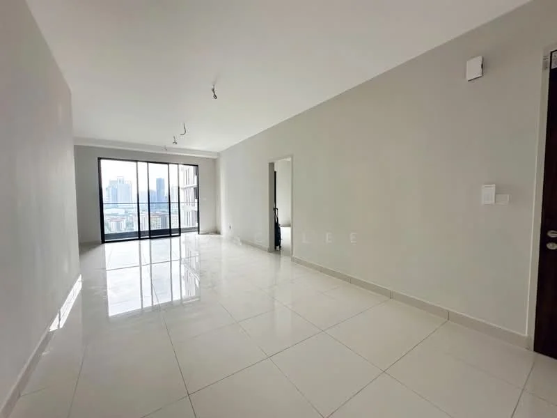 Living features: white painted walls, glossy white tile flooring, floor-to-ceiling windows, city view, recessed downlights, 2 wall-mounted split ACs, open layout, neutral color scheme; style: modern; view: city.