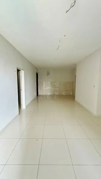 Room features: white painted walls, glossy ceramic tile flooring, recessed downlights, open layout, large windows, neutral color scheme, smooth ceiling, no visible furniture; style: modern.
