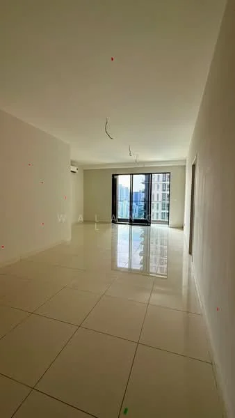Living features: white painted walls, glossy tile flooring, floor-to-ceiling windows, sliding glass door, natural light, ceiling lights, air conditioning unit, open layout; style: modern; view: city.