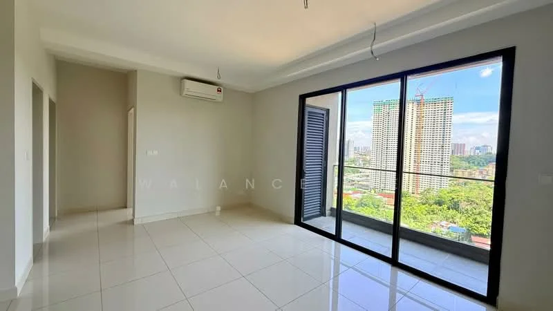 Living features: large floor-to-ceiling windows, sliding glass door, white painted walls, glossy ceramic tile flooring, 1 wall-mounted split AC, recessed downlights, balcony view of city skyline, neutral color scheme; style: modern; view: city.