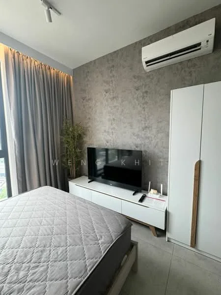 Bedroom features: grey accent wall, light grey quilted bedspread, floor-to-ceiling windows, sheer curtains, wall-mounted TV, white TV console, built-in wardrobe with white finish, 1 wall-mounted split AC, ceramic tile flooring, decorative plant in pot; style: modern; view: city.