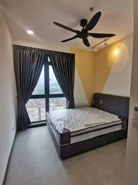 Bedroom features: queen-size bed, upholstered headboard, 5-blade ceiling fan with light, floor-to-ceiling windows, grey curtains, light grey tiled flooring, accent wall in yellow, decorative wall lighting; style: modern; view: city.