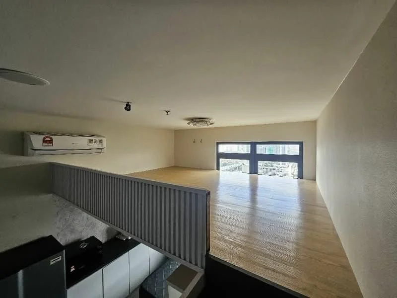 Room features: wooden flooring, white painted walls, exposed ceiling, 3 large windows, 1 wall-mounted split AC, recessed lighting, open loft space, guard rail, minimalist design; style: modern; view: city.