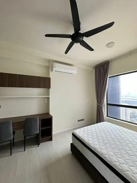 Bedroom features: queen-size bed, 5-blade ceiling fan with light, wall-mounted split AC, study desk, 2 dining chairs, built-in wardrobe, floor-to-ceiling window, curtains, light-colored walls, laminate flooring; style: modern; view: city.