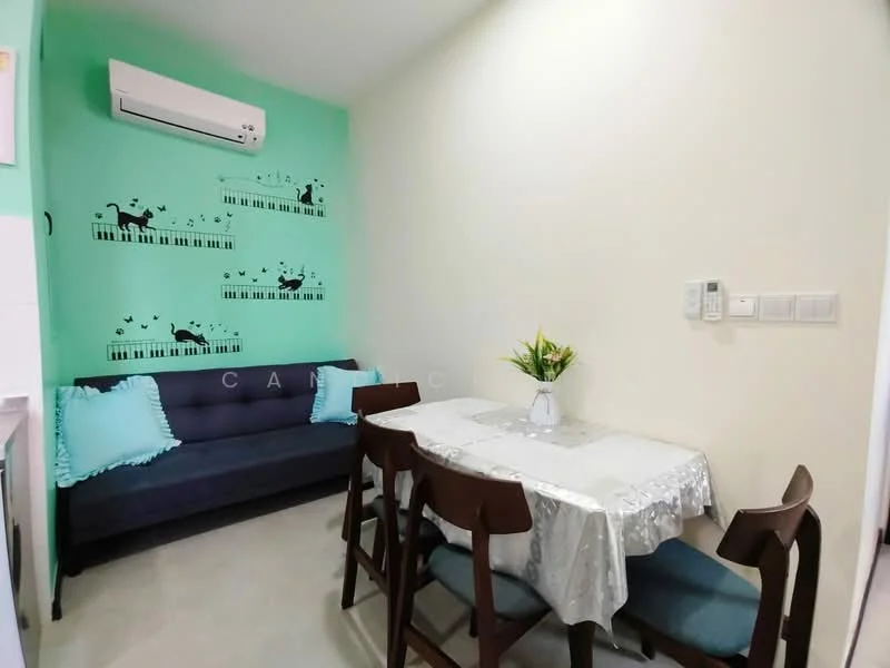 Dining features: light green painted walls, sofa in dark blue fabric, dining table with silver tablecloth, 4 wooden dining chairs, air conditioning unit on wall, decorative wall art with piano keys, flooring in light tile, wall-mounted intercom, vase with plant on table; style: modern.