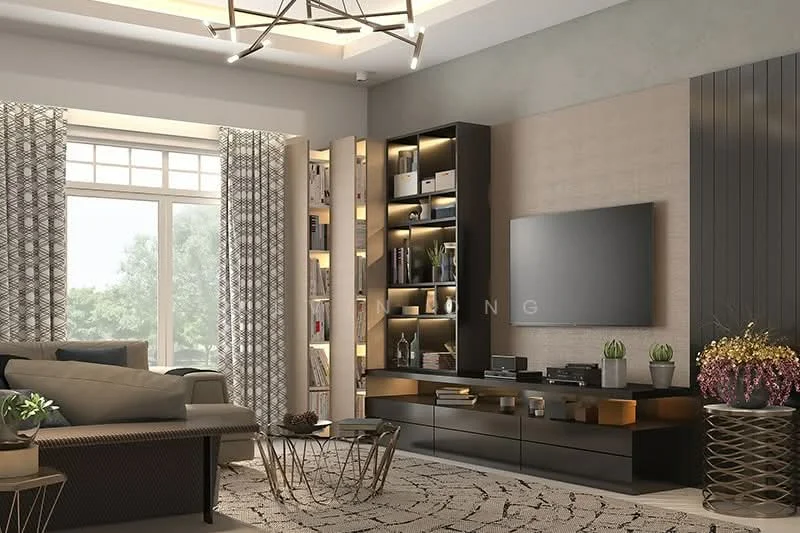 Living features: 3-seater fabric sofa in grey, coffee table with geometric pattern, TV console with built-in storage, wall-mounted TV, bookshelves with integrated lighting, decorative plants on shelves, area rug with circular pattern, floor-to-ceiling windows with sheer curtains, ceiling light fixture with multiple arms, textured accent wall, decorative vase with flowers; style: modern; view: garden.