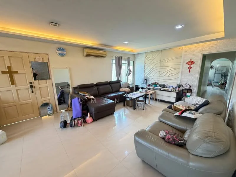 Living features: cream painted walls, white ceiling with recessed lighting, light-colored tile flooring, 2-seater leather sofa in beige, 3-seater fabric sofa in dark brown, coffee table, wall-mounted mirror, air conditioning unit, decorative wall panel, floor-to-ceiling windows with sheer curtains, decorative items on table, exercise equipment on floor; style: modern.