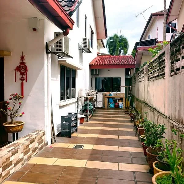 Exterior type: linked terrace house; features: paved walkway, manicured plants in pots, air conditioning units on exterior wall, white painted facade, red tiled roof, outdoor storage area, fenced side yard, garden area with decorative plants; style: modern.