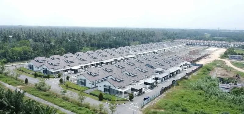 Exterior type: linked terrace house; features: single-storey houses, pitched tile roof, manicured lawn, paved driveway, surrounded by greenery, adjacent to undeveloped land, neatly arranged layout, multiple units in a row; style: modern.