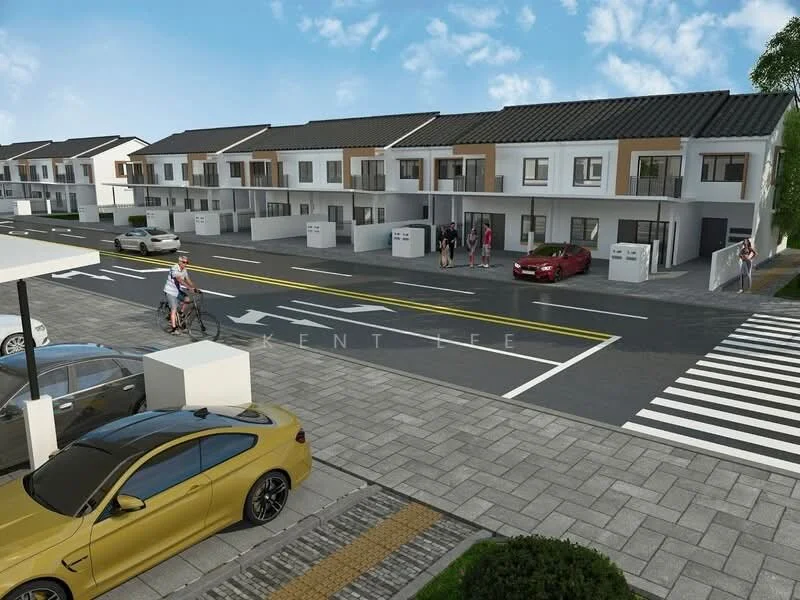 Exterior type: linked terrace house; features: two-storey building, white painted facade, grey tiled roof, manicured lawn, paved driveway, car porch with awning, street view, sidewalk, parking spaces, front entrance gate, surrounded by greenery; style: modern.